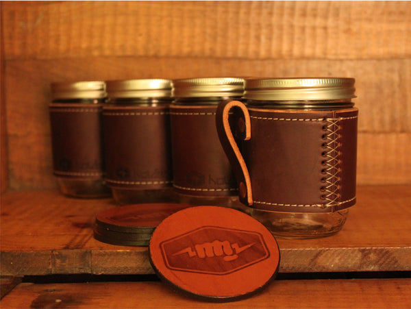 Holdster Cross Stitch and leather coaster set of four